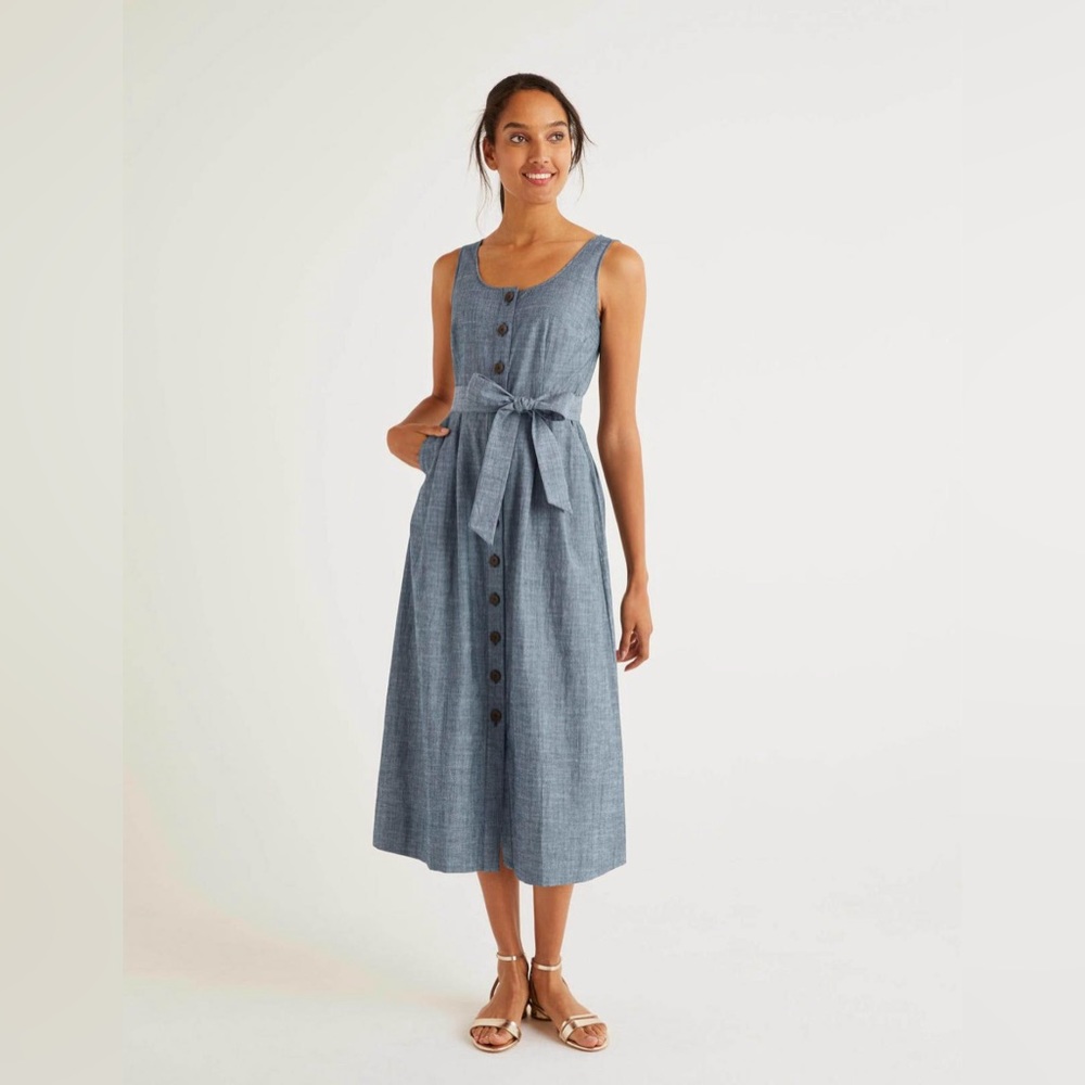 Boden button up belted denim midi dress